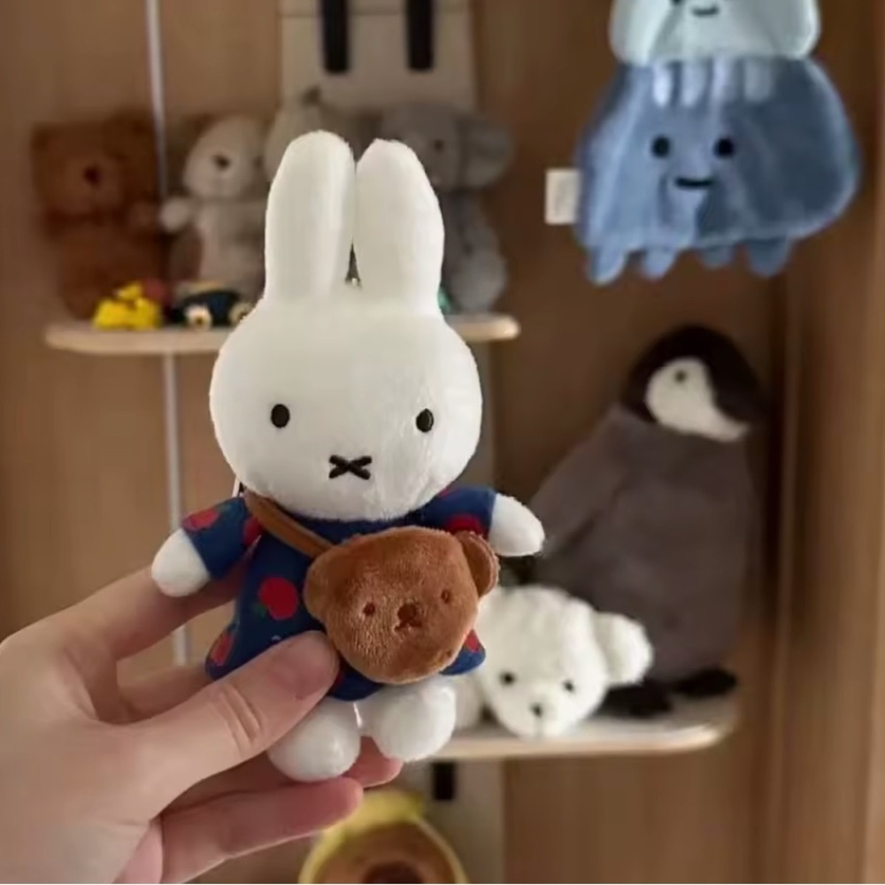 Miffy White Plush Bag Charm/Key Chain with Blue Outfit and Bear Bag